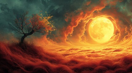 Surreal fiery landscape with solitary tree and large moon