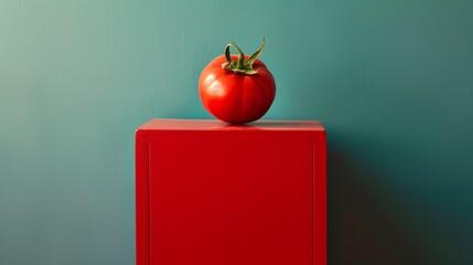 Red tomato on a red cube against teal background - obrazy, fototapety, plakaty