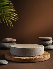 Empty round concrete round platform podium for cosmetics or products with stones on brown background. Minimalistic background with natural materials