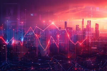 Vibrant digital illustration of a rising graph symbolizing global business growth, set against a backdrop of global landmarks and digital networks - obrazy, fototapety, plakaty