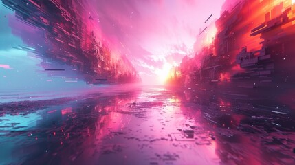 futuristic city street with skyscrapers and sunset - obrazy, fototapety, plakaty