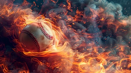 Surreal image of a baseball surrounded by a fiery red and orange smoke trail, suggesting motion and energy - obrazy, fototapety, plakaty