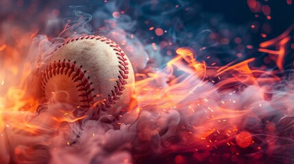 Surreal image of a baseball surrounded by a fiery red and orange smoke trail, suggesting motion and energy - obrazy, fototapety, plakaty