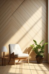 A wooden room with a chair and a plant