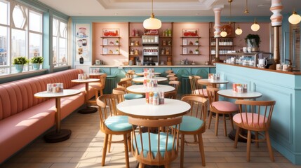 Retro pink and blue pastel colored cafe interior with round tables and chairs