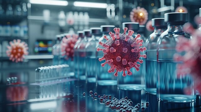 Scientists in a hightech lab researching vaccines, detailed view of virus particles and vaccine vials