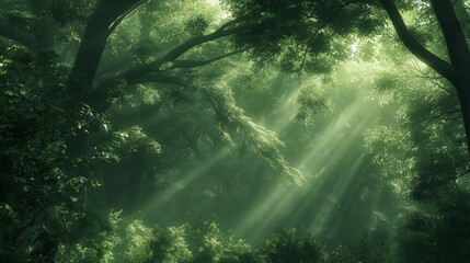 Mystical Forest Enchantment, Sunlight filtering through lush green trees in a mystical forest