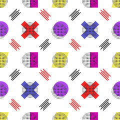 Abstract disco ball, shapes and dots, stripes in Memphis style seamless trendy, modern pattern. Beautiful red, purple, yellow, pink,blue and black colors