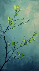 Branch with young green leaves on a textured cyan background