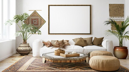 Picture frame with white background, on wall in modern Moroccan living room with pouf sofa and mosaic coffee table