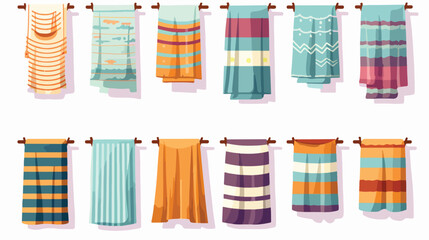 Bath beach kitchen towels set. Colorful textile han - obrazy, fototapety, plakaty