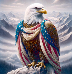 A majestic bald eagle with a tear in its eye is draped with the American flag, standing before a backdrop of snowy mountain range