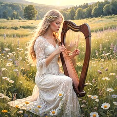 A woman with long blond hair plays a harp in a field of wildflowers at sunset, wearing a white lace dress and a floral headband