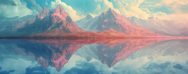 Surreal mountain landscape with vibrant colors and reflection in water