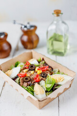 Healthy salads in plastic package for take away or food delivery.
