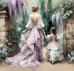 A woman and a young girl, both dressed in flowing purple dresses, walk through a garden passageway adorned with wisteria and ivy.