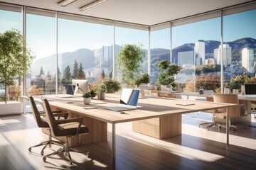 Fototapeta premium Modern office interior with large windows and city view