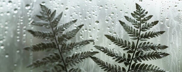 Silhouetted fern leaves against a rainy window