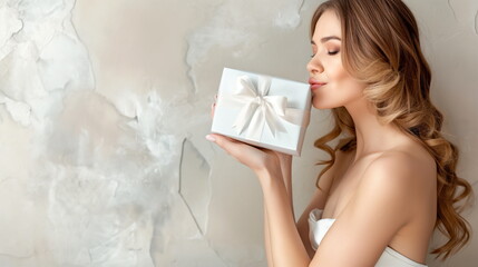 Woman holding an gift box white satin ribbon on it and giving it a kiss - obrazy, fototapety, plakaty