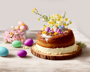 Obraz na płótnie Canvas Easter cake and painted colored eggs on a white background.