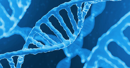 Helix structure of genetic code on blue background. DNA spiral molecule. Genetic engineering, biotechnology, bioengineering, molecular biology or genetic testing concepts. 3d render illustration.