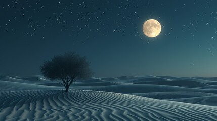 Solitary tree in a desert under a starry night sky with full moon
