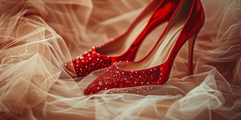Elegant Red High Heels on Soft Tulle Fabric Background
