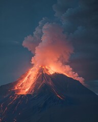 Eruption of a majestic volcano captured at dusk, showcasing natures raw power