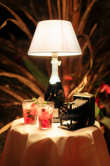 Table setting with cocktails and a vintage camera.