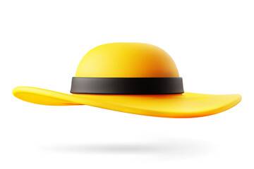 3d cartoon yellow beach hat with black ribbon isolated on white background. Wide brimmed elegant female sun hat. Design element of fashion or travel concept. Vector illustration of 3d render.
