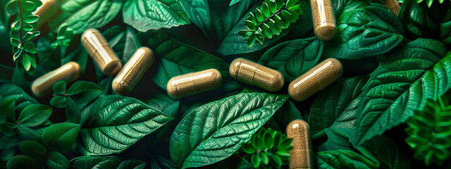 Homeopathy capsules and plant leaves. Selective focus.