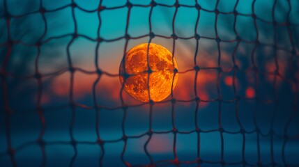 Sunset viewed through a net creating an illusion of a large setting sun