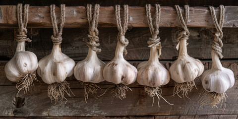 Rustic Garlic Bunches Hanging on Wooden Background