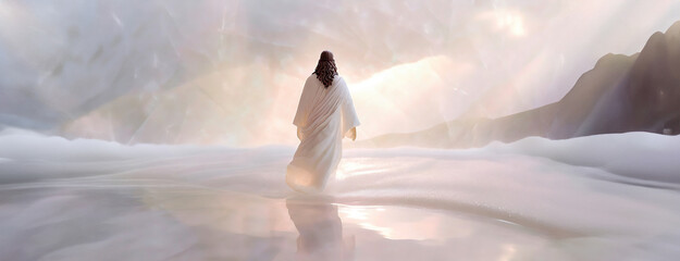 Solitary figure walks on reflective water towards light. The image represents spiritual awakening...