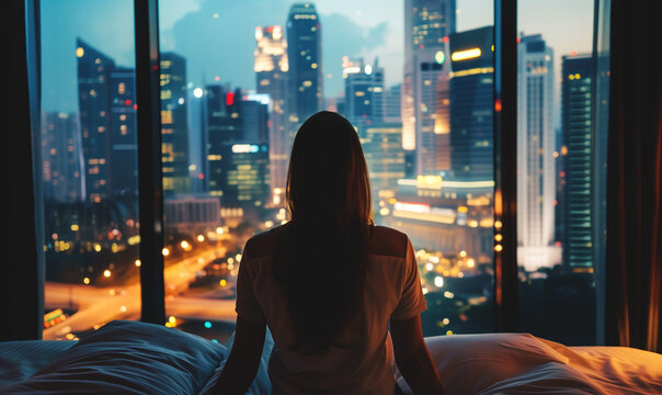 back view of young woman wake up at luxury hotel room or apartment, person by panoramic window, city and skyscrapers