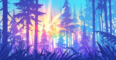 Stained Glass style, rainbow colors, tall trees, flat background 