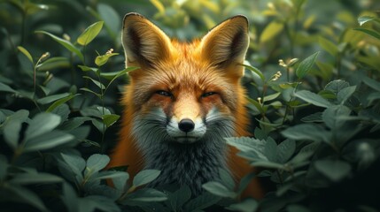 Fototapeta premium Red fox peeking through green foliage