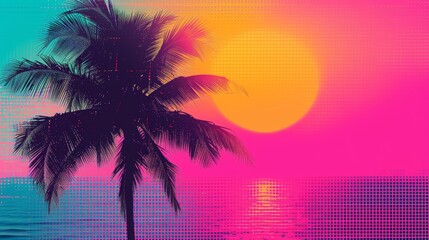 Fototapeta na wymiar Retro style vaporwave palm tree at sunset