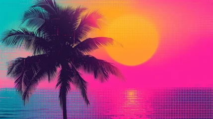 Poster Retro style vaporwave palm tree at sunset © cac_tus