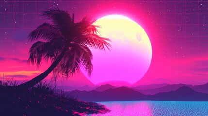 Fototapeta na wymiar Tropical beach under a neon sunset with palm tree and mountains