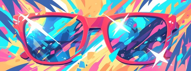 Sunglasses with red frames and blue lenses on a pastel background with colorful paint splashes. 