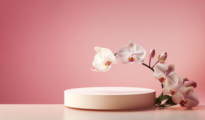 Obraz na płótnie Canvas Сylinder podium display or showcase mockup for product on pink background with orchids