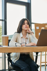 A focused businesswoman sits at a table with a laptop, surrounded by a modern office space,...