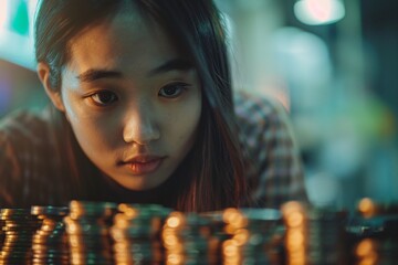Financial empowerment visualized  A young Asian woman diligently stacks coins, embodying the principles of saving, investing, and the journey towards financial independence