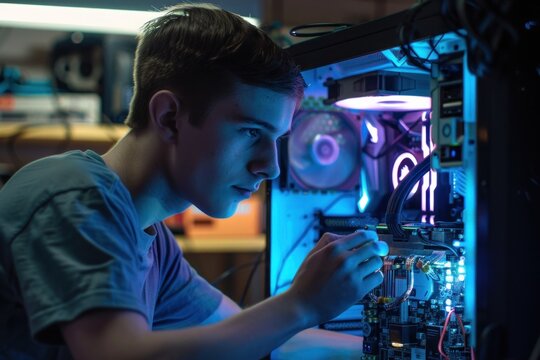Focused 20-year-old assembles his pc in a detailed, high-quality photo with vibrant lighting