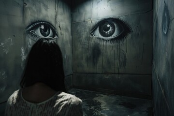 Artistic portrayal of a woman with mental illness looking at large, painted eyes on a gloomy wall
