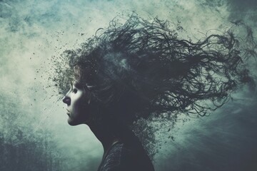 Artistic portrayal of a woman with chaotic hair symbolizing the internal struggle of mental illness