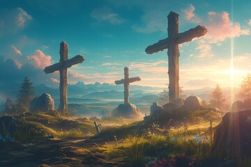three crosses background with beam of light shining down, biblical cross illustration - obrazy, fototapety, plakaty