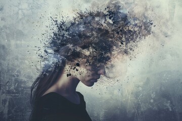 Visual representation of a woman with her head disintegrating, conveying the struggles of mental illness