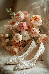 Elegant Bridal Shoes and Bouquet Composition